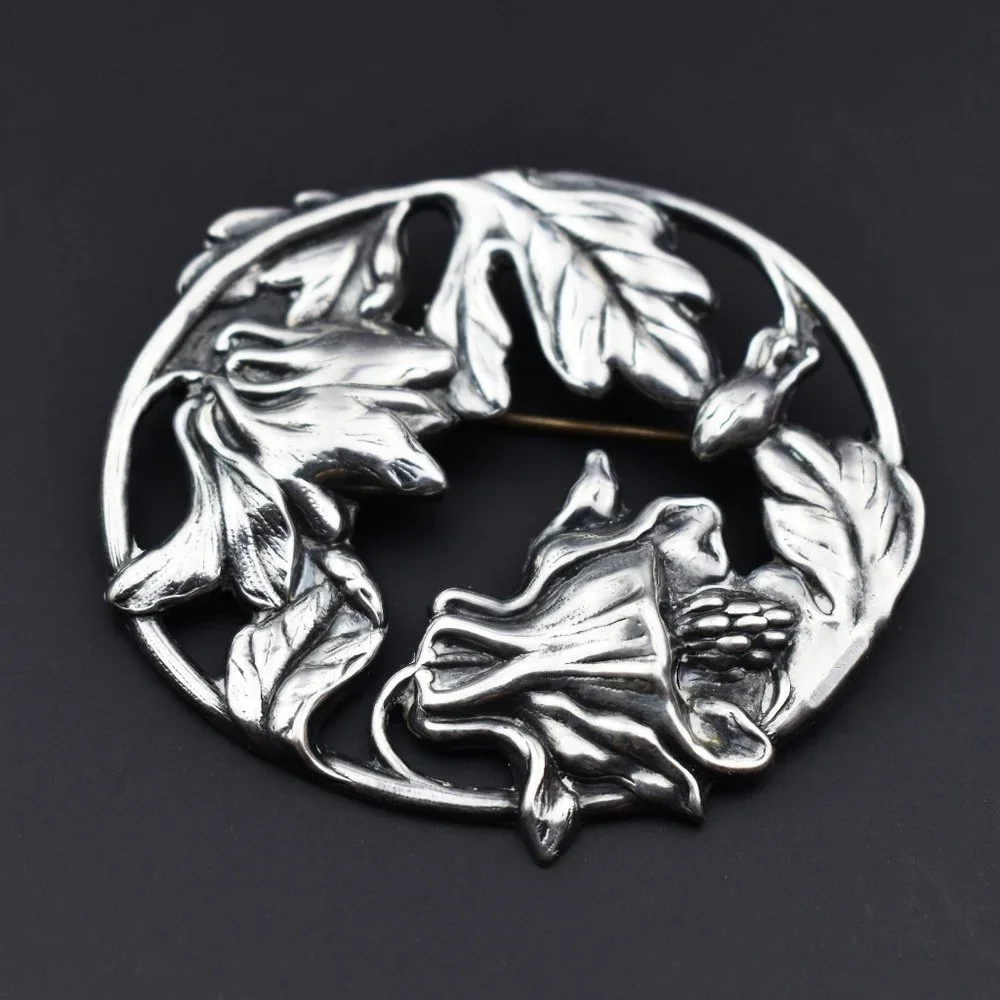 Huge thistle flower pin, large floral brooch silver tone